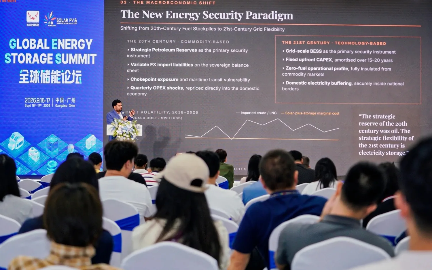 Shaurya Ritwik presenting &ldquo;The New Energy Security Paradigm&rdquo; to delegates at the Global Energy Storage Summit 2026, Guangzhou