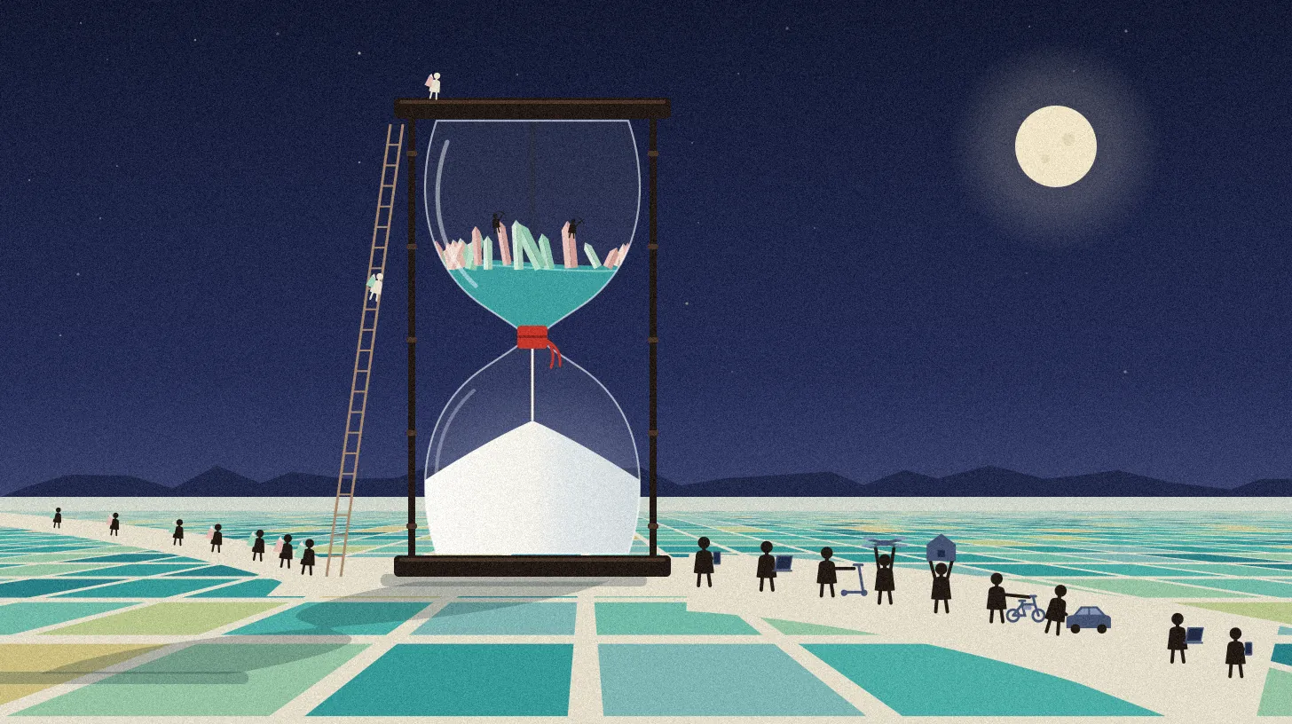 Illustration of a giant hourglass standing among lithium brine evaporation ponds at night, crystals in its upper chamber and white powder below, with a ladder and small figures carrying batteries and devices