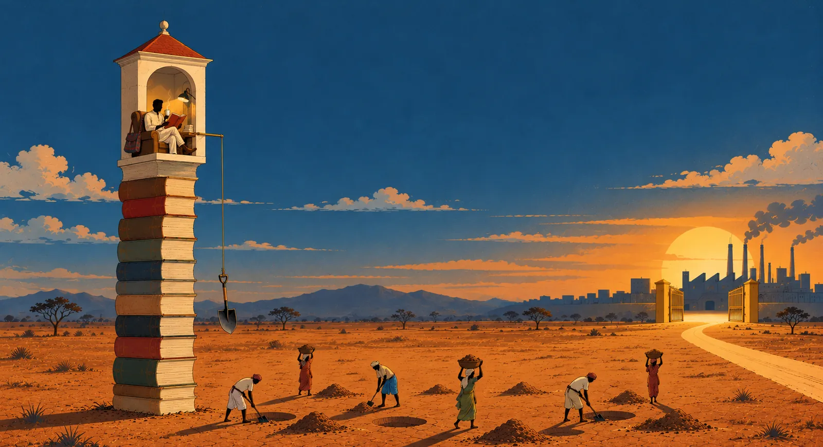 Illustration of a scholar reading in a tower built of stacked books, a shovel hanging from it on a rope above labourers digging pits in a dry field, while a road leads to open factory gates and a smoking industrial skyline at sunset